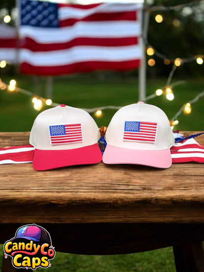 American flag patch July Independence day embroidered trucker  5 panel Hat white trim