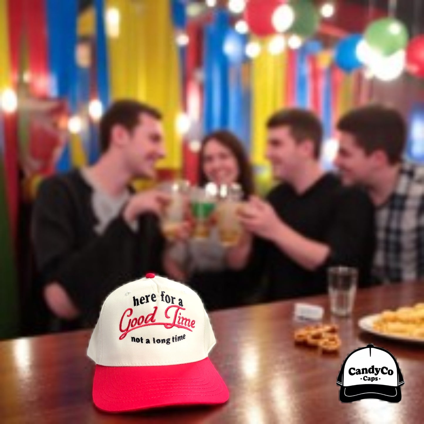 Here for a good time not a long time embroidered trucker 5 panel Hat