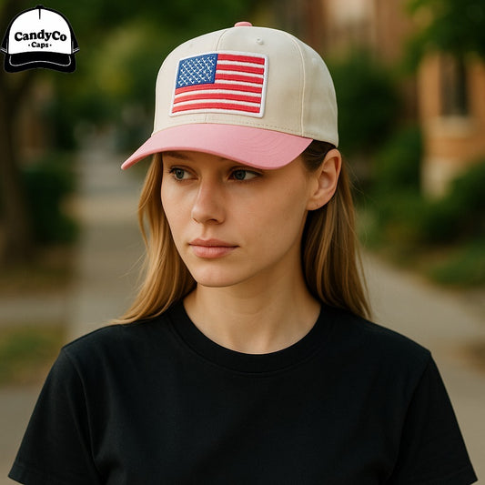 American flag patch July Independence day embroidered trucker  5 panel Hat white trim