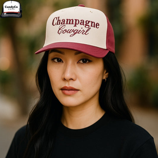 Champagne cowgirl embroidered trucker 5 panel Hat