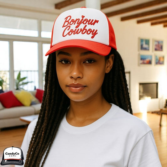 Bonjour Cowboy embroidered trucker  5 panel Hat cowgirl
