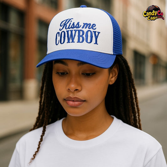 Kiss me cowboy cowgirl embroidered trucker 5 panel Hat