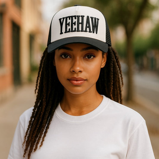 Yeehaw cowgirl July Independence day embroidered trucker  5 panel Hat boots on the ground